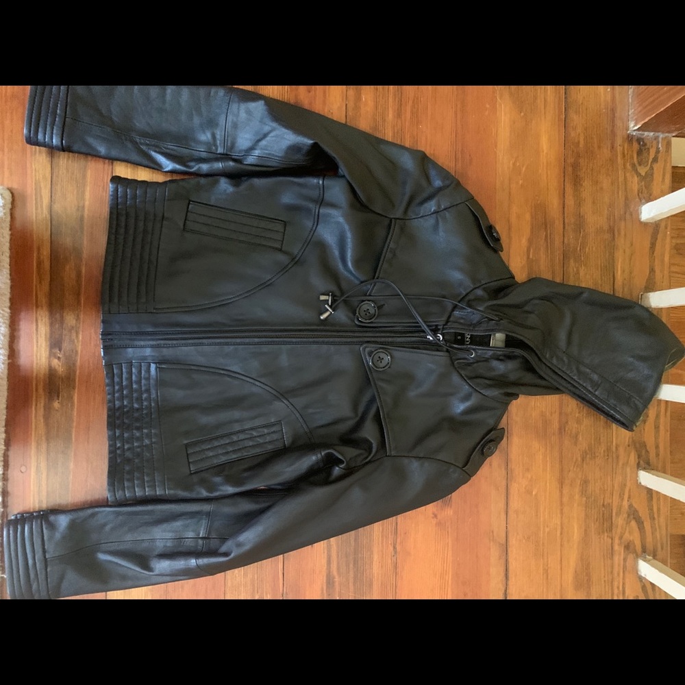 Donna Karan DKNY black leather jacket with hood